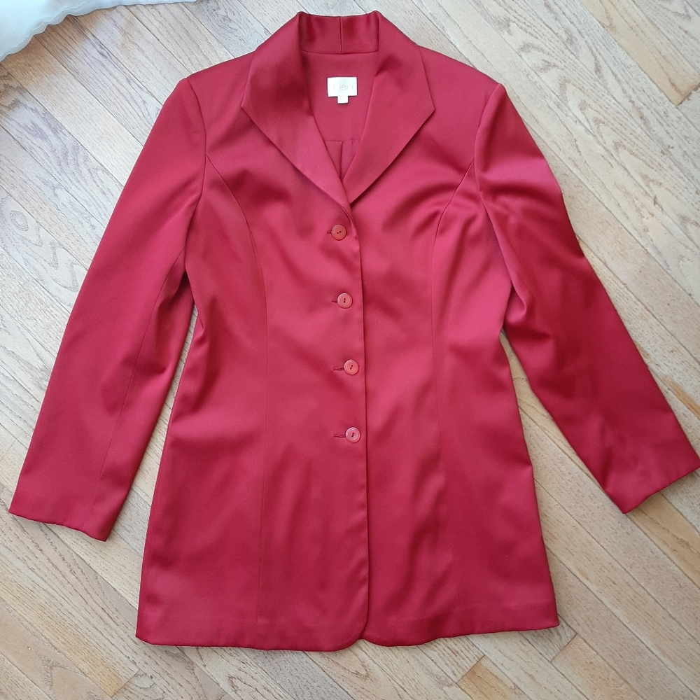 Cleo Women’s Red Long Blazer Jacket 4 Button Classic Holiday Party Work Size M